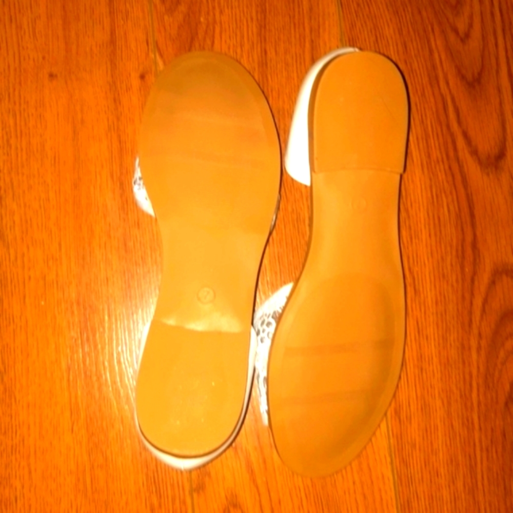 (7)🌷George🌷Lacey Crotchet White Slide On Sandals - Picture 6 of 9